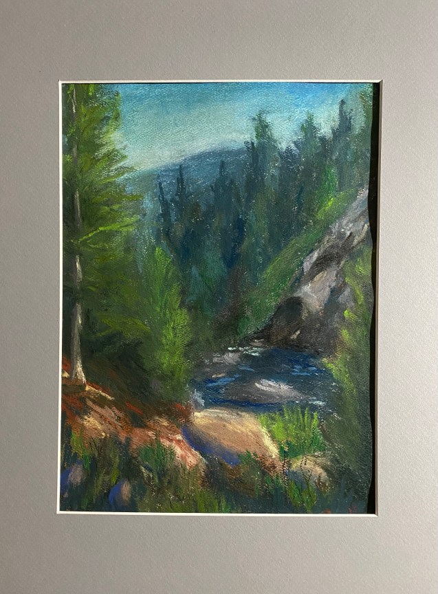 Painting of stream with trees and rocks on sides